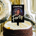 40th birthday forty gold black birthday custom cake topper<br><div class="desc">Bold black white,  with gold script forty text and photo cake topper to celebrate a 40th birthday. Customize with your birthday girls photograph. Perfect for a special fortieth birthday cake. Other matching items are available. Designed by www.mylittleeden.com</div>