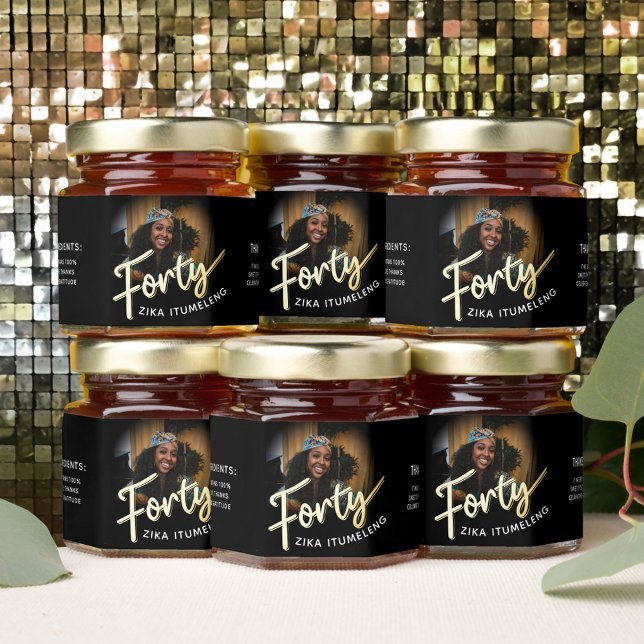 40th birthday forty gold black custom photo name honey jar favors (Creator Uploaded)