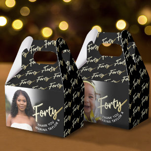 40th birthday Forty script gold black photo Favor Boxes