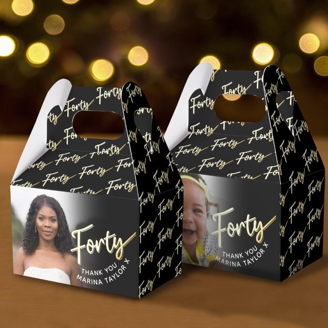 40th birthday Forty script gold black photo Favor Boxes (Creator Uploaded)