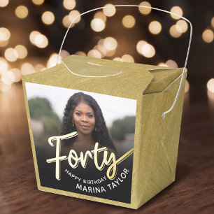 40th birthday Forty script gold black photo Favor Boxes