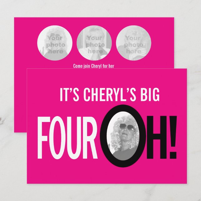 40th birthday FOUR OH! photo pink retro landscape Invitation (Front/Back)