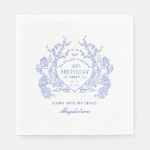 40th Birthday French Blue Floral Crest Custom Napkins
