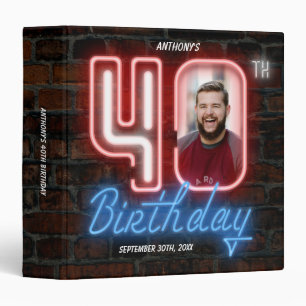 40th Birthday Fun 80s Retro Neon Sign Custom Photo 3 Ring Binder