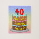 [ Thumbnail: 40th Birthday: Fun Cake and Candles + Custom Name Jigsaw Puzzle ]