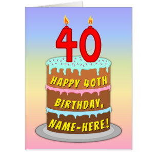40th Birthday: Fun Cake & Candles, w/ Custom Name Card