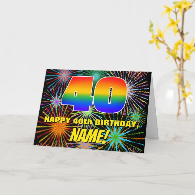 40th Birthday: Fun, Colorful Celebratory Fireworks Card (Yellow Flower)