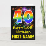 [ Thumbnail: 40th Birthday: Fun Fireworks Pattern + Rainbow 40 Card ]