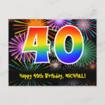 [ Thumbnail: 40th Birthday – Fun Fireworks Pattern + Rainbow 40 Postcard ]