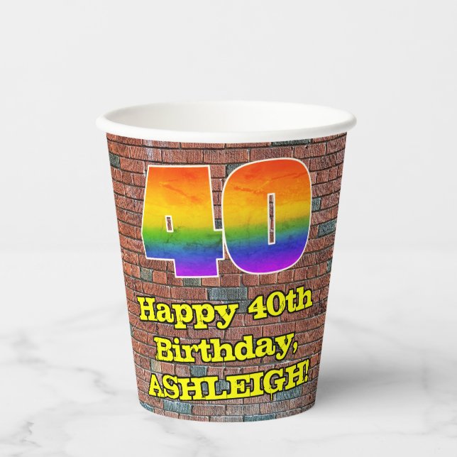 40th Birthday: Fun Graffiti-Inspired Rainbow 40 Paper Cups (Front)