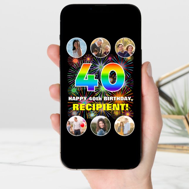 40th Birthday: Fun Rainbow #, Custom Name & Photos Card (Front Digital)