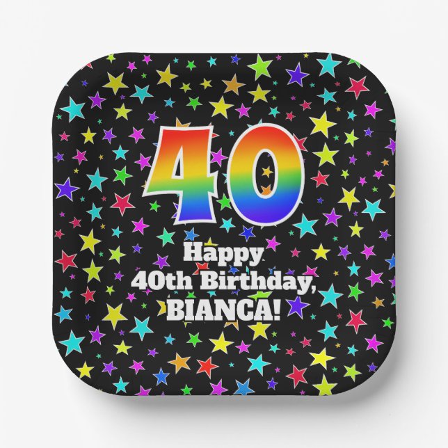 40th Birthday: Fun Stars Pattern and Rainbow “40” Paper Plates (Front)