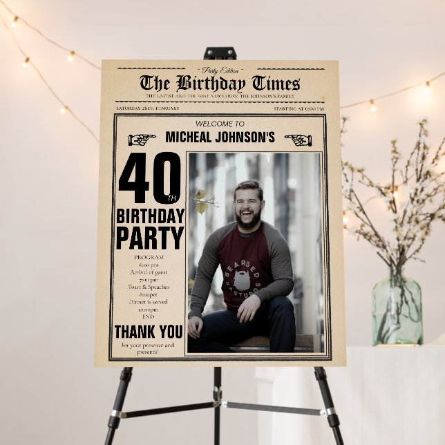 40th Birthday Funny Vintage Newspaper Welcome Sign (In Situ (Stand))