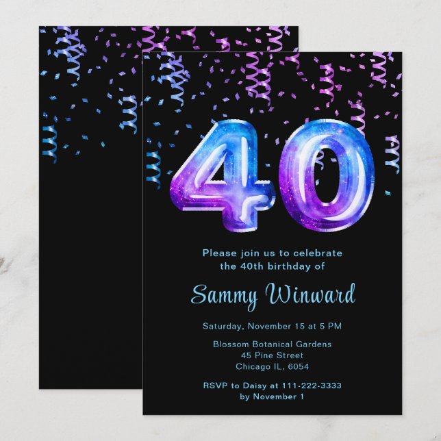 40th Birthday Galaxy Balloons with Confetti Invitation (Front/Back)