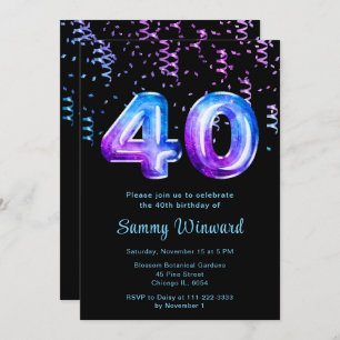 40th Birthday Galaxy Balloons with Confetti Invitation
