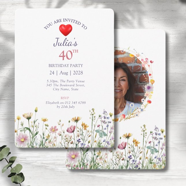 40th Birthday Garden Floral Wild Meadow Photo Invitation (Floral 40th birthday party invitations on a grey wood background.)