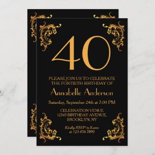 40th Birthday Glam Modern Gold Black Vintage Retro Invitation