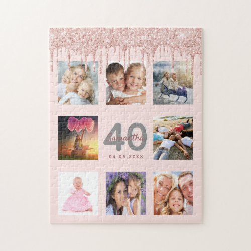 40th birthday glitter drips photo rose gold pink jigsaw puzzle