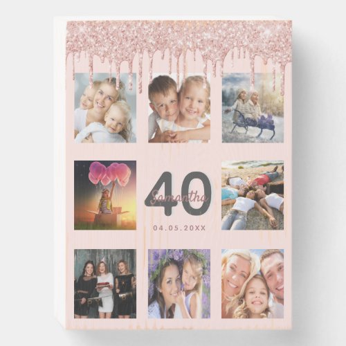 40th birthday glitter drips photo rose gold pink wooden box sign