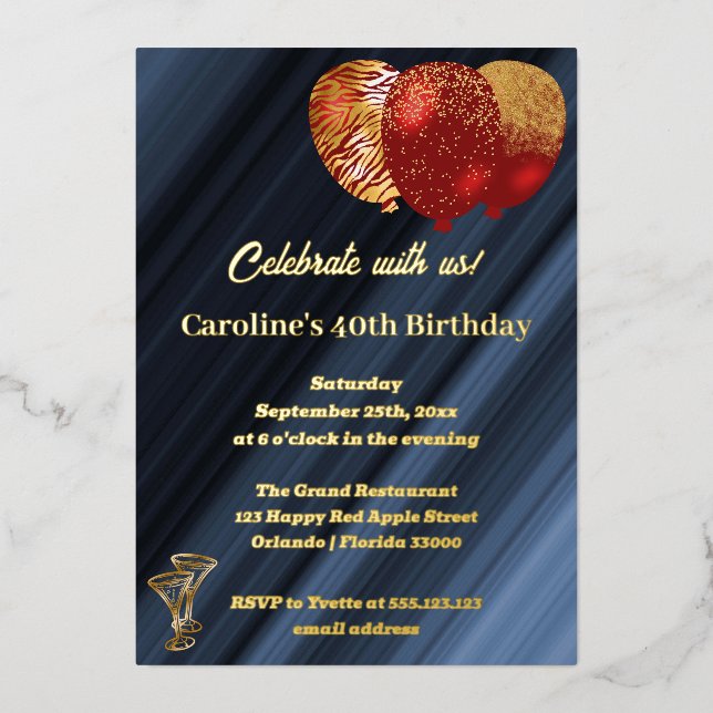 40th Birthday Glitter Red Balloons  Foil Invitation (Front)