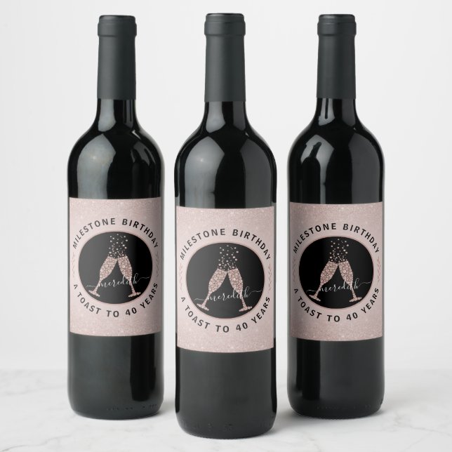 40th Birthday Glitter Sparkling Wine Toast Persona Wine Label (Bottles)
