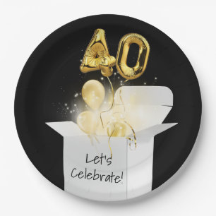40th Birthday Gold Balloons In White Box Paper Plates