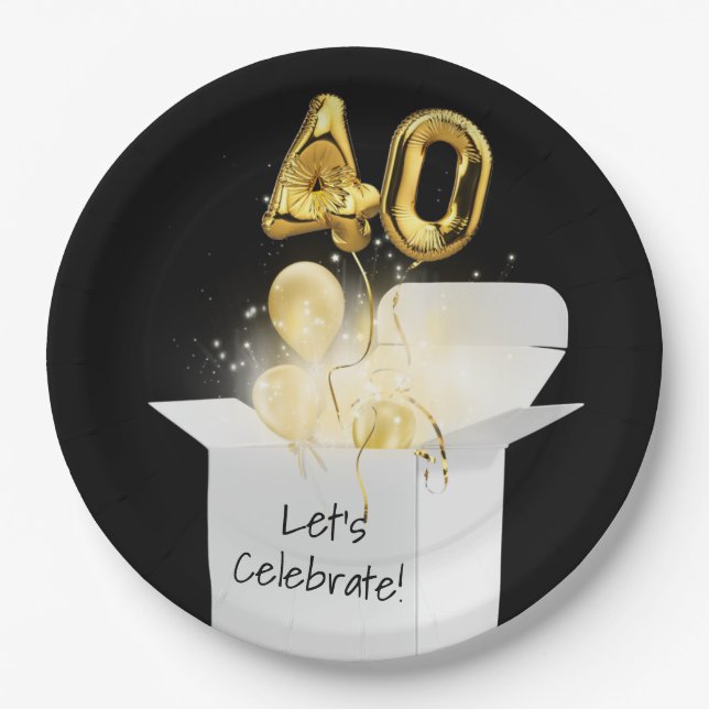 40th Birthday Gold Balloons In White Box     Paper Plates (Front)