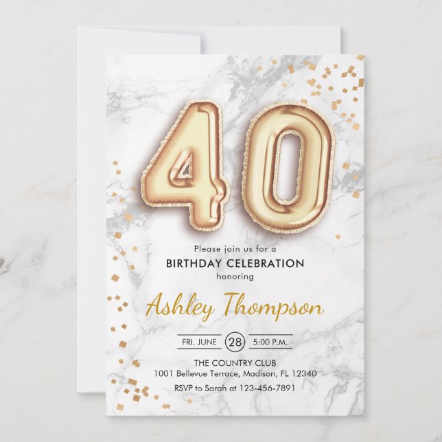40th Birthday - Gold Balloons Marble Effect Invitation (Front)