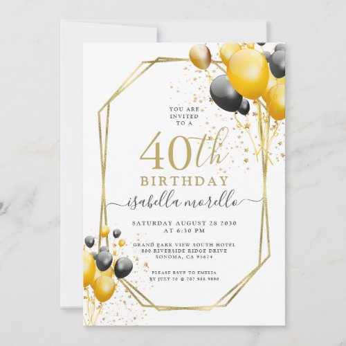 40th Birthday Gold Black Balloons Glitter Invitation