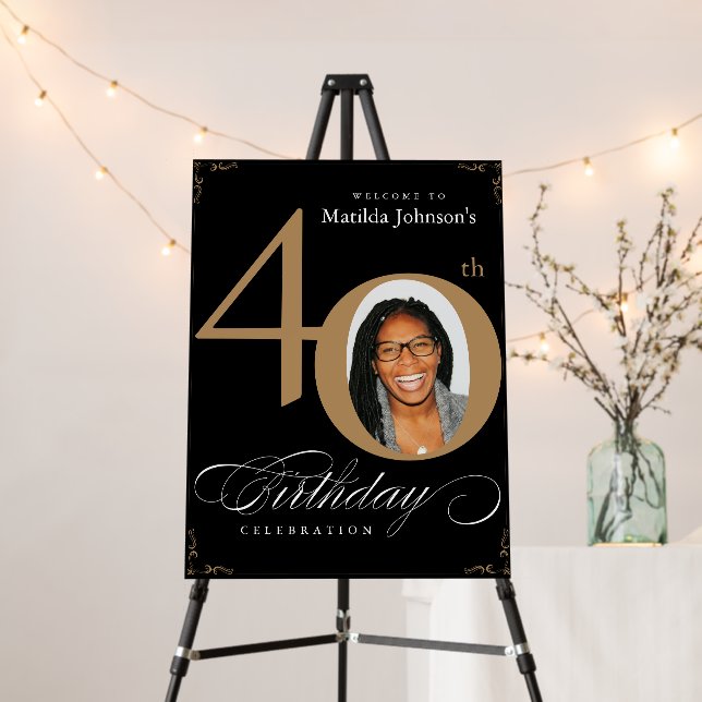 40th Birthday Gold Black Calligraphy Welcome Sign (In Situ (Stand))
