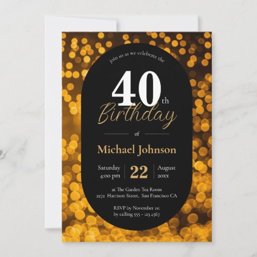40th Birthday Gold Black Elegant Modern Custom Invitation