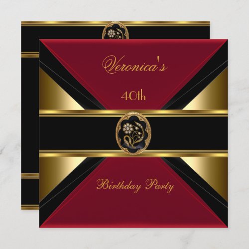 40th Birthday Gold Black Faux Velvet Red Jewel Invitation
