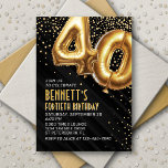 40th Birthday Gold Black Invitation<br><div class="desc">A birthday design that cuts straight to the celebration-no messing around. Featuring bold numbers styled to look like foil balloons with sparkling confetti all around, this design brings instant party vibes. The gold and black color scheme and art deco text elevate the design, adding a sophisticated touch. Perfect for that...</div>