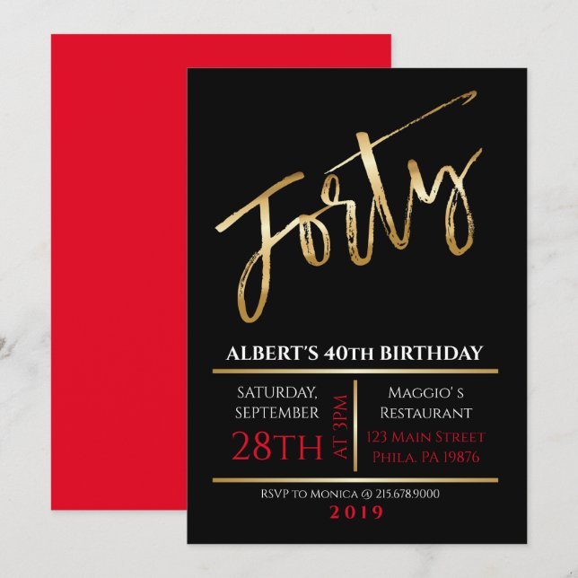 40th Birthday Gold Black Party Invitation (Front/Back)