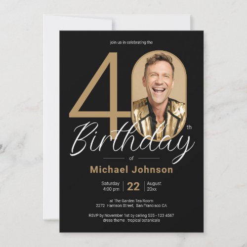 40th Birthday Gold Black Simple Elegant Photo Invitation