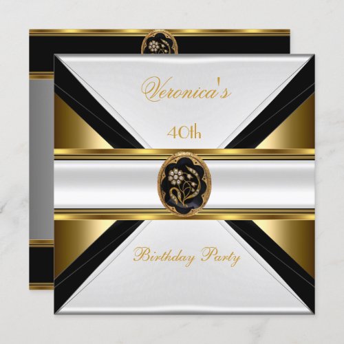 40th Birthday Gold Black White Gold Floral Jewel 2 Invitation
