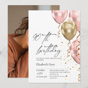 40th Birthday Gold Blush Pink Balloons Modern  Invitation