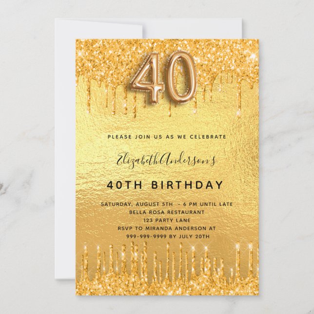40th Birthday gold glitter drips golden Invitation (Front)