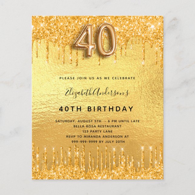 40th Birthday gold glitter drips invitation (Front)