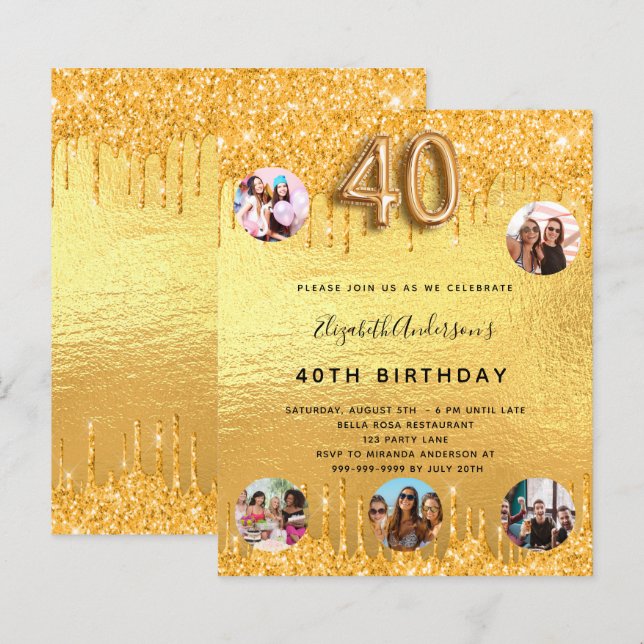 40th Birthday gold glitter drips photo invitation (Front/Back)
