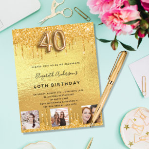 40th Birthday gold glitter drips photo invitation