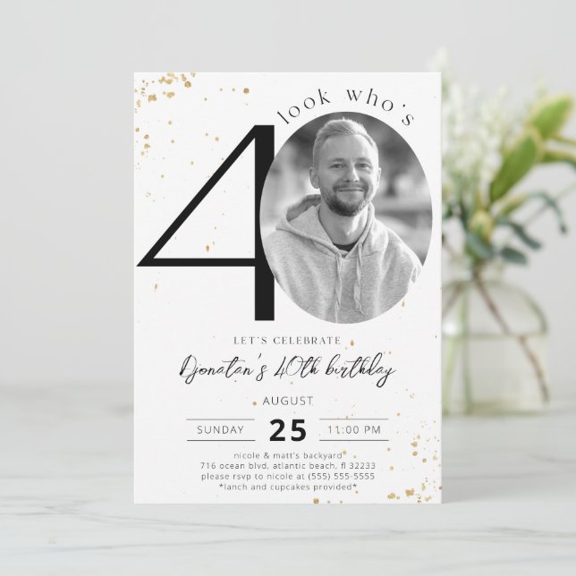 40th Birthday Gold Invitation with Photo (Standing Front)
