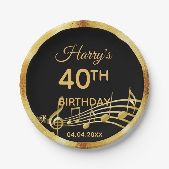40th birthday gold music notes on chic black paper plates (Front)