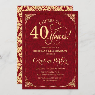 40th Birthday - Gold Red Damask Invitation