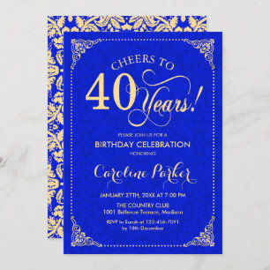 40th Birthday - Gold Royal Blue Damask Invitation