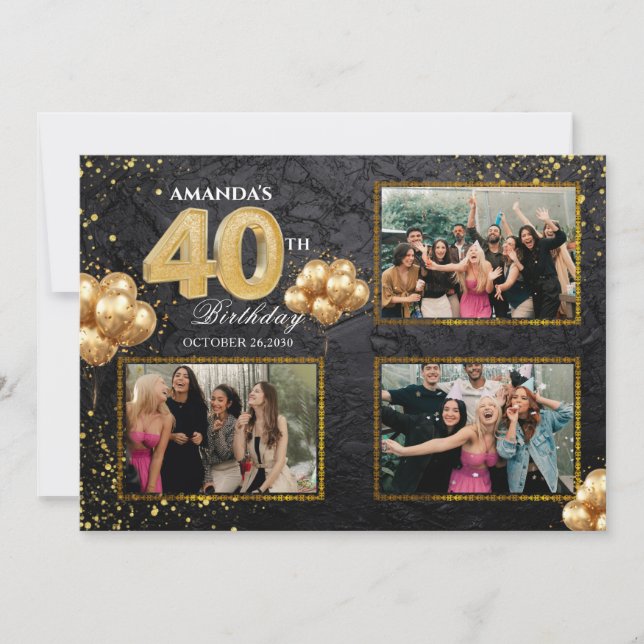 40th Birthday Gold Silver Black Balloons Invitation (Front)