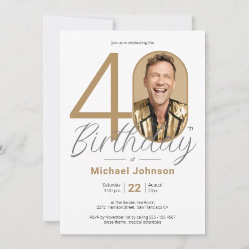 40th Birthday Gold Simple Elegant Custom Photo Invitation