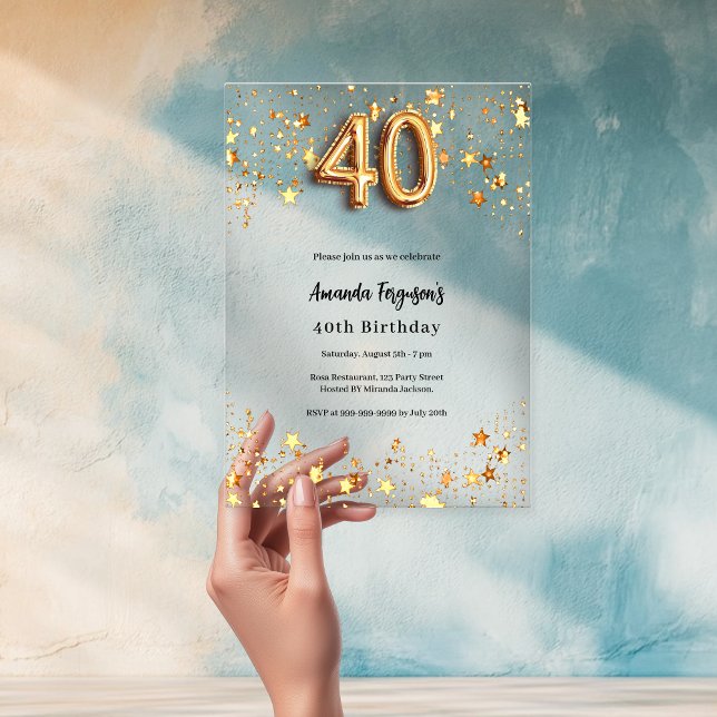 40th birthday gold stars clear acrylic invitations (Creator Uploaded)