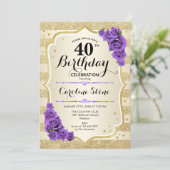40th Birthday - Gold Stripes Purple Roses Invitation (Standing Front)