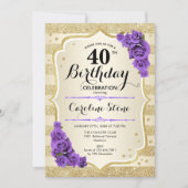 40th Birthday - Gold Stripes Purple Roses Invitation (Front)